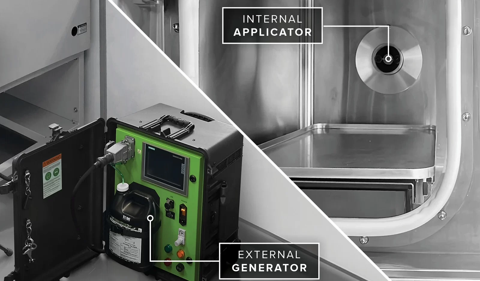 SteraMist ceiling-mounted iHP decontamination applicator with external generator in a GMP cleanroom