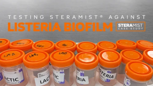SteraMist case study on testing against Listeria biofilm, showing orange-capped Listeria and lactic acid bacteria sample cups from the lab study